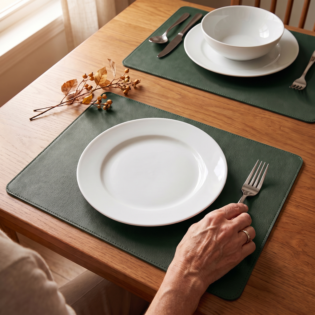 Green faux leather placemats set on an oak dining table