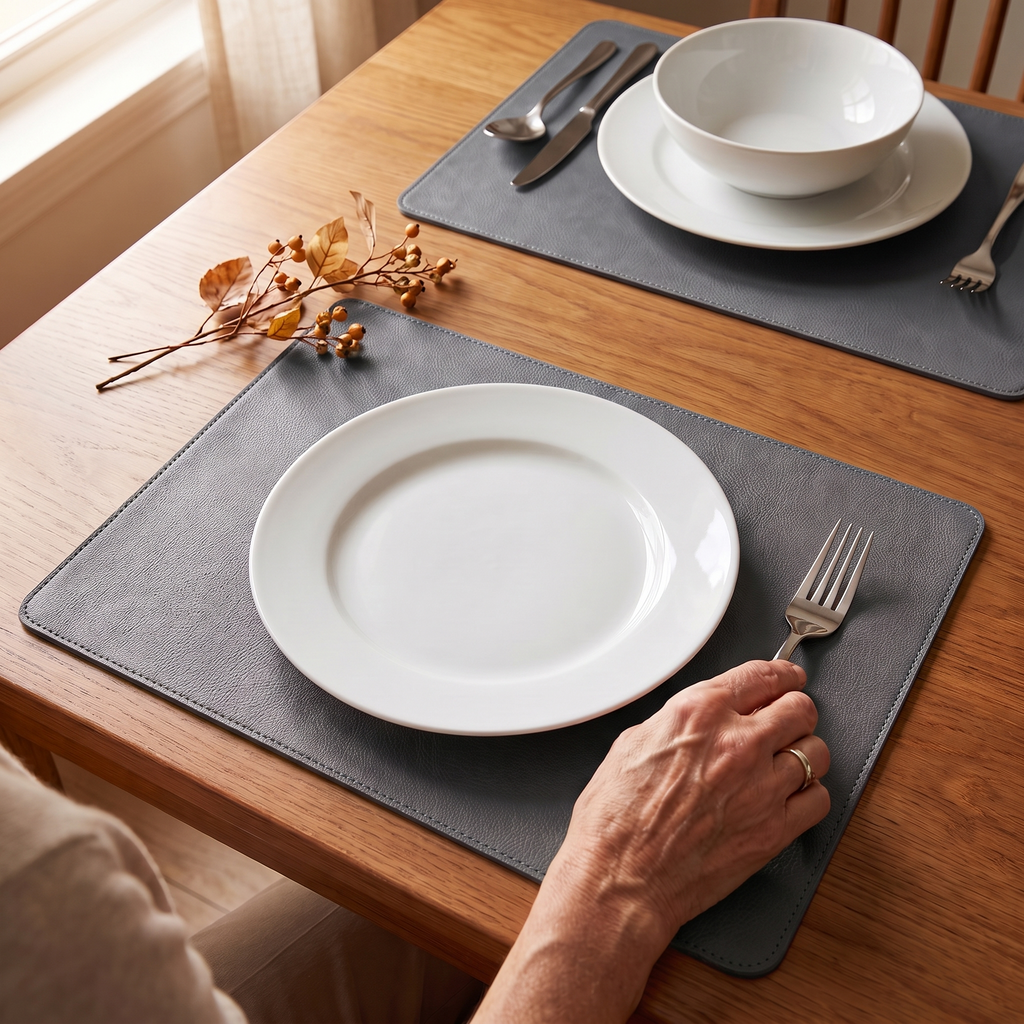 Gray faux leather placemats with stitched edges and white plates