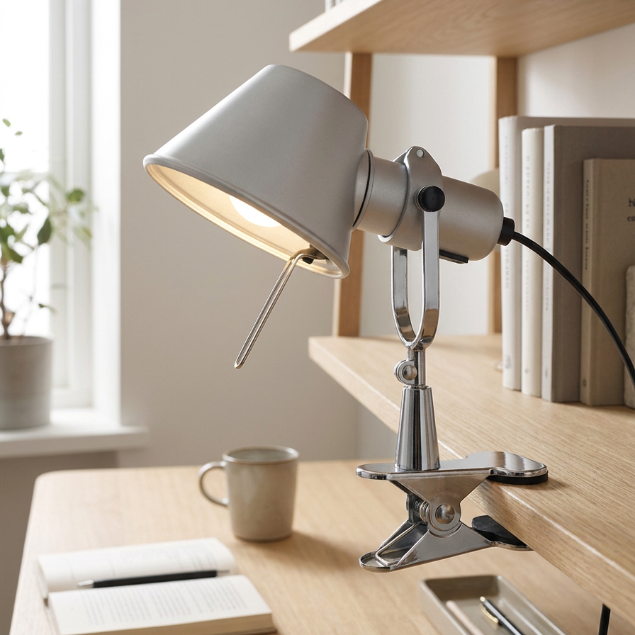 Clip-on lamp mounted to a wooden shelf above a desk
