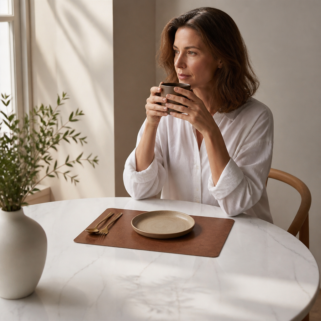 Faux leather placemats in a cozy dining room setting