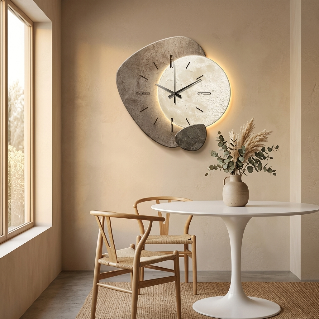 Moon wall clock with warm backlight and stone-texture frame