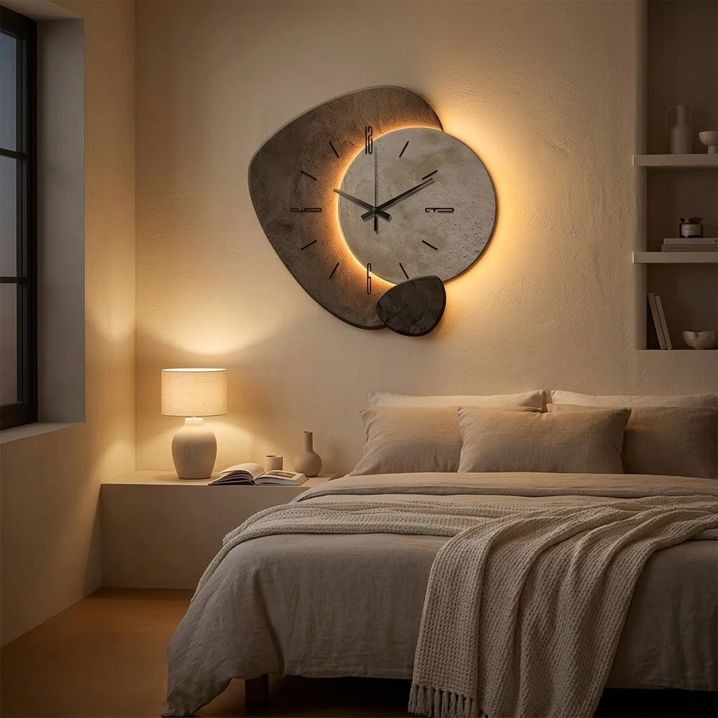 Moon wall clock with warm backlight and stone-texture frame