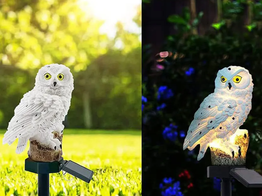 Owl LED landscape lighting stake with solar panel