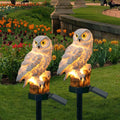 Two solar owl stake lights glowing in a tulip garden