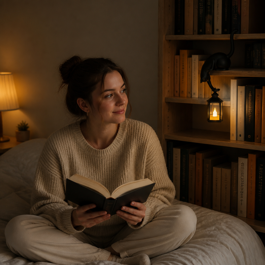 Woman reading in bed beside a glowing cat shelf lantern