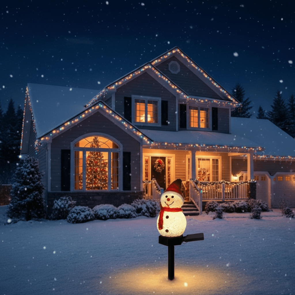 Solar snowman stake glowing in front of a lit house