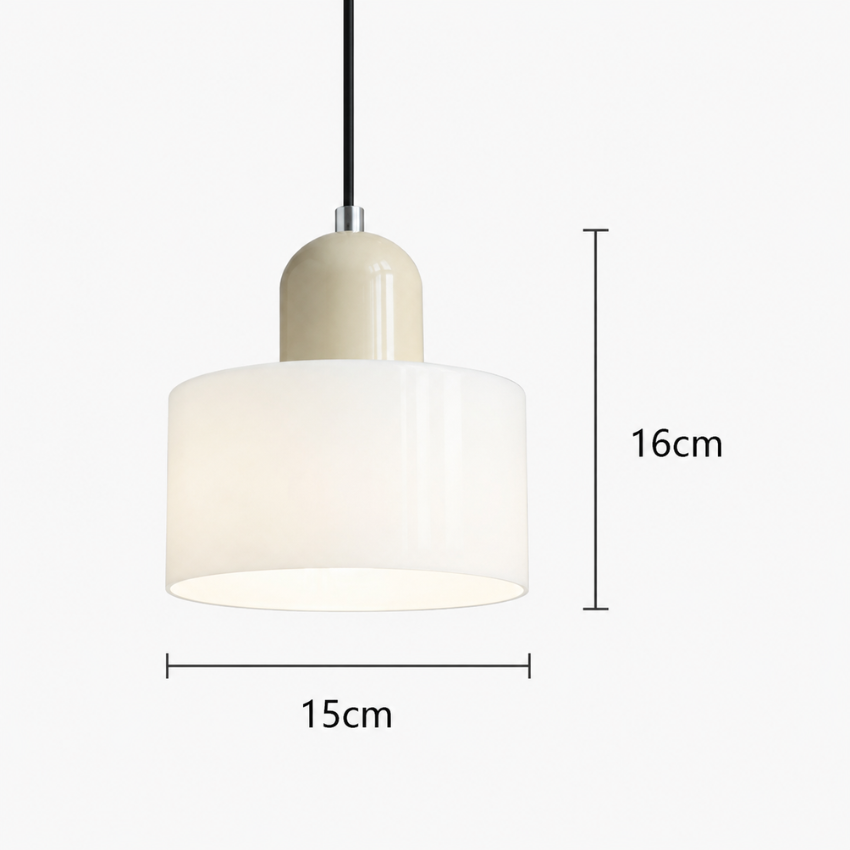 White glass pendant light with beige cap and size dimensions