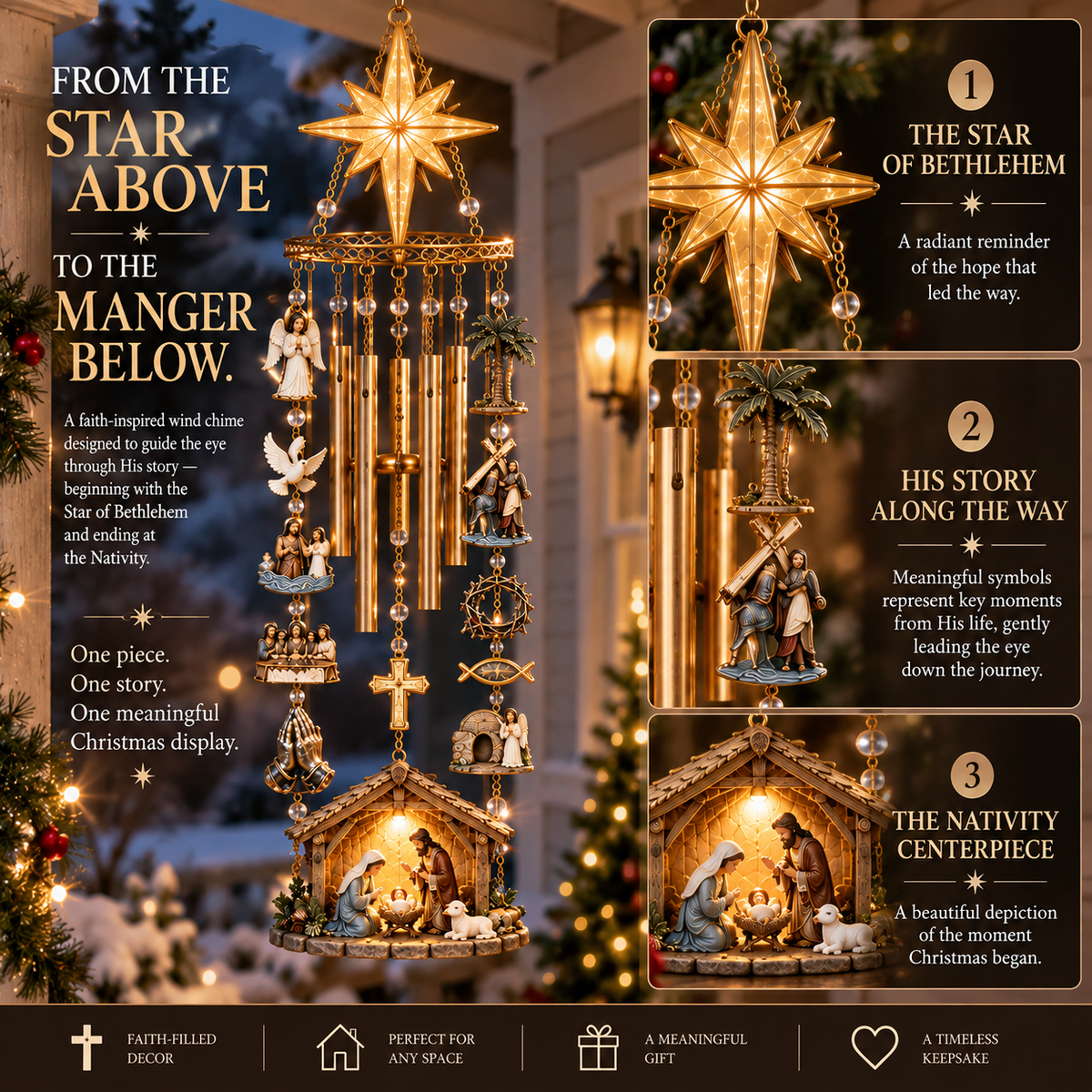 Nativity wind chime with star of Bethlehem and manger scene