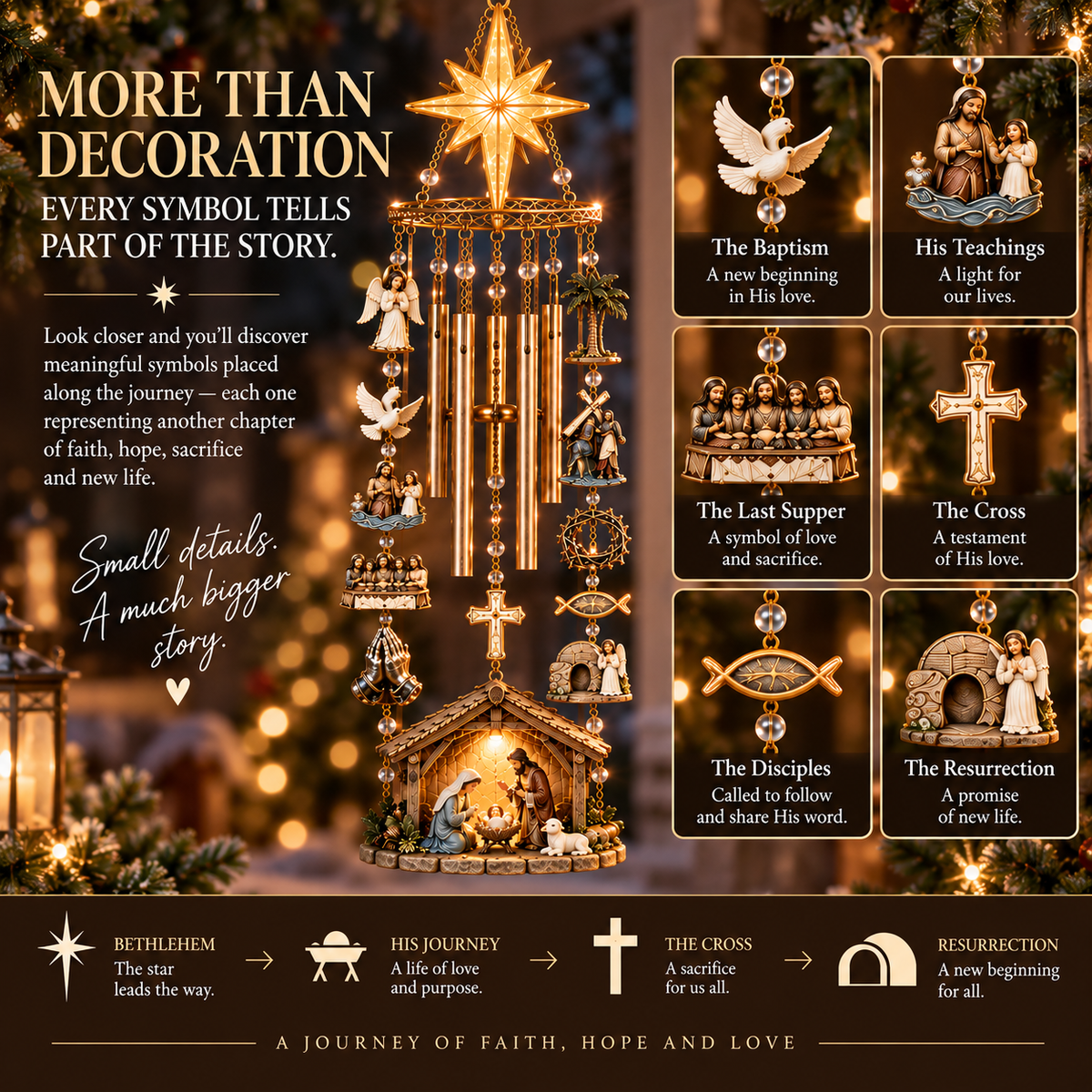 Faith-inspired charms on a Christmas wind chime, close-up details