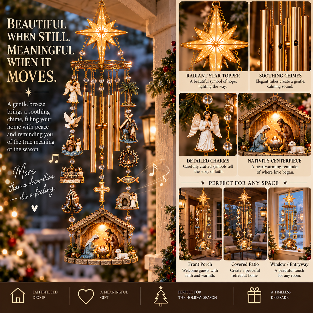 Christmas wind chime hanging on a covered porch with garland