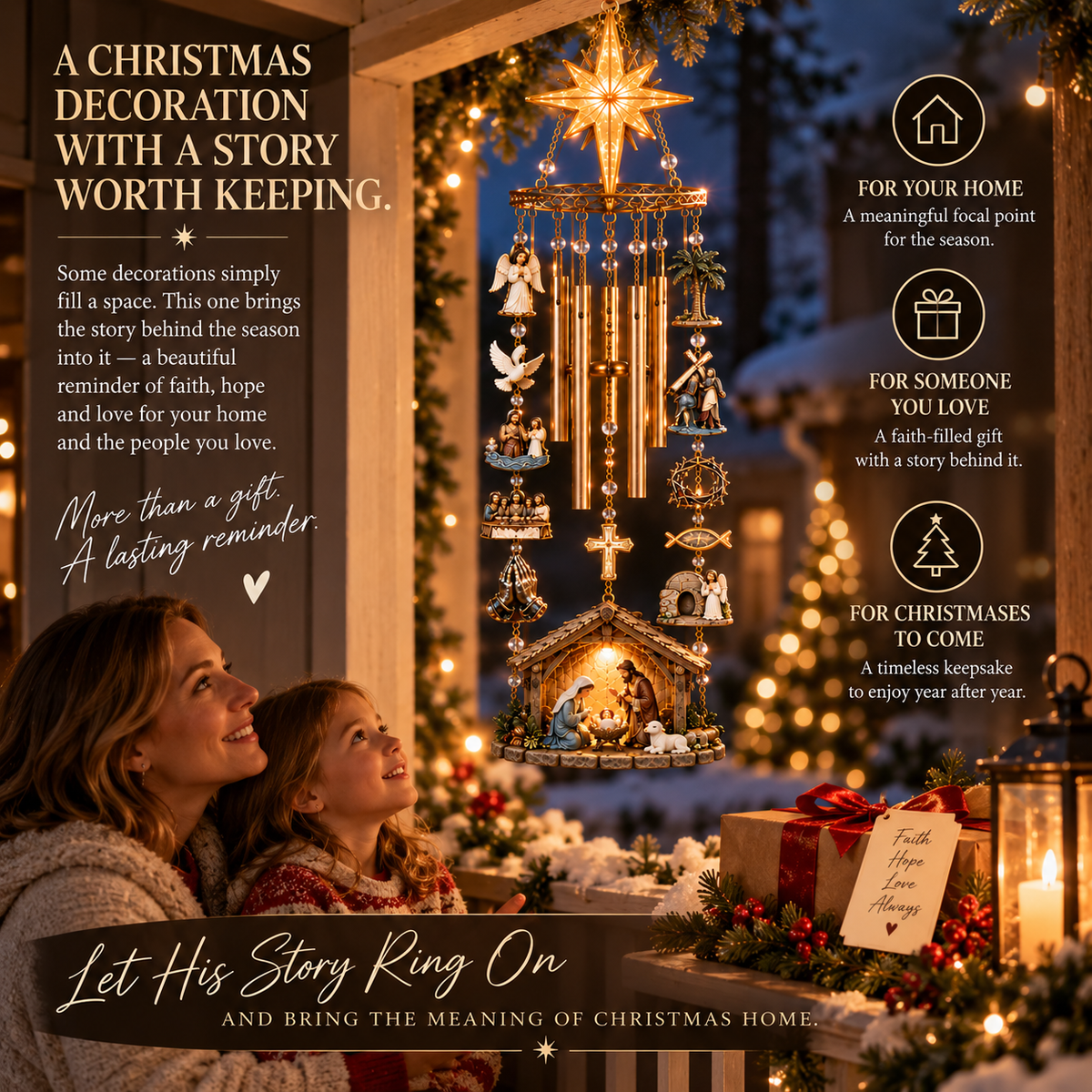 Mother and daughter admiring a nativity wind chime on porch