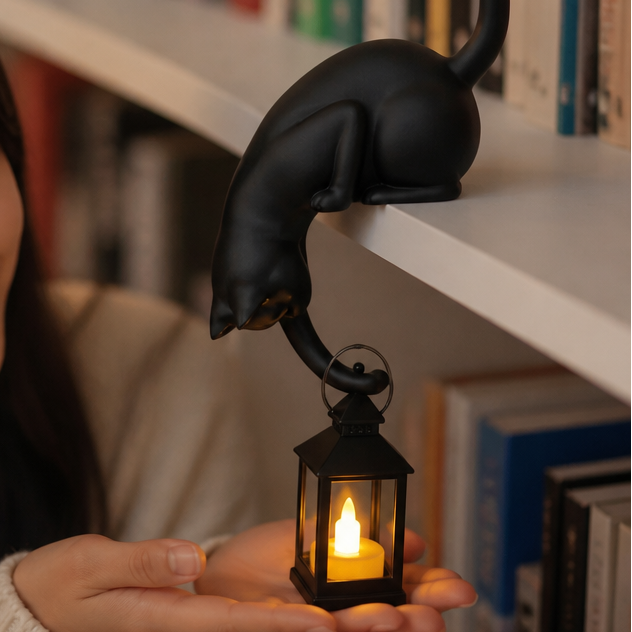 Black cat figurine lantern resting above open hands